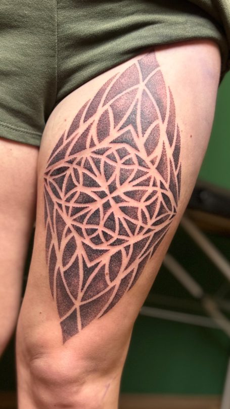 Geometrisches Blackwork Tattoo am Unterarm mit ornamentalem Linienmuster